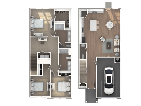Two floor plan images of a house with a car parked in the driveway.